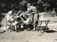 Henry Becker, Woolford, Dick Rhodus, Virginia Weisbrod, Frank Weisbrod and Joe Samaha. Afternoon party at Mrs. Paul’s, England. May 1944. [Photo courtesy of Mike Getten, son of Jean Getten and nephew of Lynes Getten; both 634th TDBn soldiers] : Henry Becker, Woolford, Dick Rhodus, Virginia Weisbrod, Frank Weisbrod, Joe Samaha, Company C, 634th Tank Destroyer Battallion. 20714436