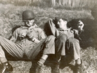 Winfree Woodie and George Smith, getting drunk a specialty they could handle. (Co. C, 634th TD Bn).  [Photo courtesy of Mike Getten, son of Jean Getten and nephew of Lynes Getten; both 634th TDBn soldiers] : Winfree Woodie, George Smith, Company C, 634th Tank Destroyer Battallion.