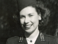 Virginia Weisbrod, sister of our mess sergeant, Frank Weisbrod, showed up on all fronts.  American Red Cross, from Princeton, Minnesota, in England. May 1944. [Photo courtesy of Mike Getten, son of Jean Getten and nephew of Lynes Getten; both 634th TDBn soldiers] : Virginia Weisbrod, Company C, 634th Tank Destroyer Battallion. 20714436
