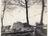 "German tank knocked out in Buttenbach" [Courtesy of Cpl Howard Skaggs, Co. A, 634th TD Bn.]