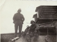 "Howard & buddy on a M-10, taken in Harz Mtns" [Courtesy of Cpl Howard Skaggs, Co. A, 634th TD Bn.]