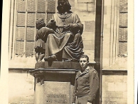 Cpl Leonard W. Hansman, 634th Tank Destoyer Bn. [Photo courtesy of Brenda Daas, niece of L. W. Hansman]  Note: The statue is a monument to the priest and writer Christoph von Schmid (1768-1854) outside St. George's Church, Dinkelsbühl, Germany where the unit spent the postwar summer of 1945.