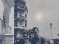 "E. Niebuhr (L) and Walsh at French Riviera during rest leave after Battle of the Bulge"  [Note: Photo location identified by Frank Kujat as 11 Promenade des Anglais, Nice, France.]  - Photo courtesy of Kelsey and Megan Walsh, granddaughters of James Walsh (Co. A/HQ Co).