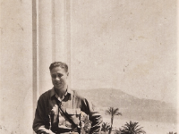 "Elmer Niebuhr, at French Riviera during rest leave after Battle of the Bulge"  [Note: Photo location identified by Frank Kujat as 11 Promenade des Anglais, Nice, France.]   - Photo courtesy of Kelsey and Megan Walsh, granddaughters of James Walsh (Co. A/HQ Co).