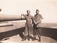 "Francis Pierce (L) and Sol Thatch on boat"  - Photo courtesy of Kelsey and Megan Walsh, granddaughters of James Walsh (Co. A/HQ Co).