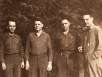 "From left, Barnes, S. Thatch, Kreuse (-), Walsh in Hof, Germany, 1945"  - Photo courtesy of Kelsey and Megan Walsh, granddaughters of James Walsh (Co. A/HQ Co).