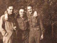 From left, Walsh, Kreuse (-), unknown (Hof, Germany 1945)  - Photo courtesy of Kelsey and Megan Walsh, granddaughters of James Walsh (Co. A/HQ Co).